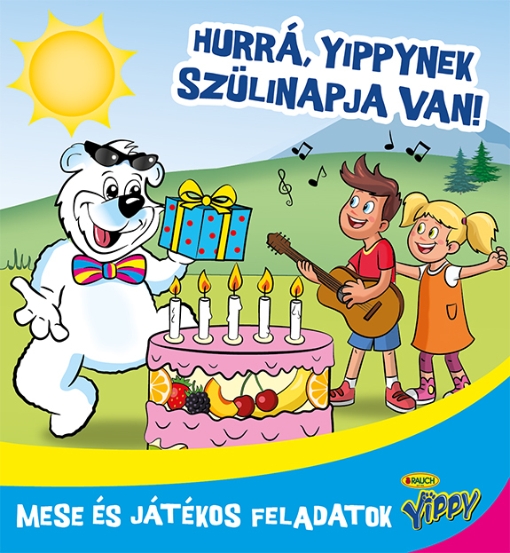 Geburtstag mit Yippy, Kinder mit einer Gitarre und Yippy Bär mit einem Geschenk in der Hand, mit großen Fruchtkuche