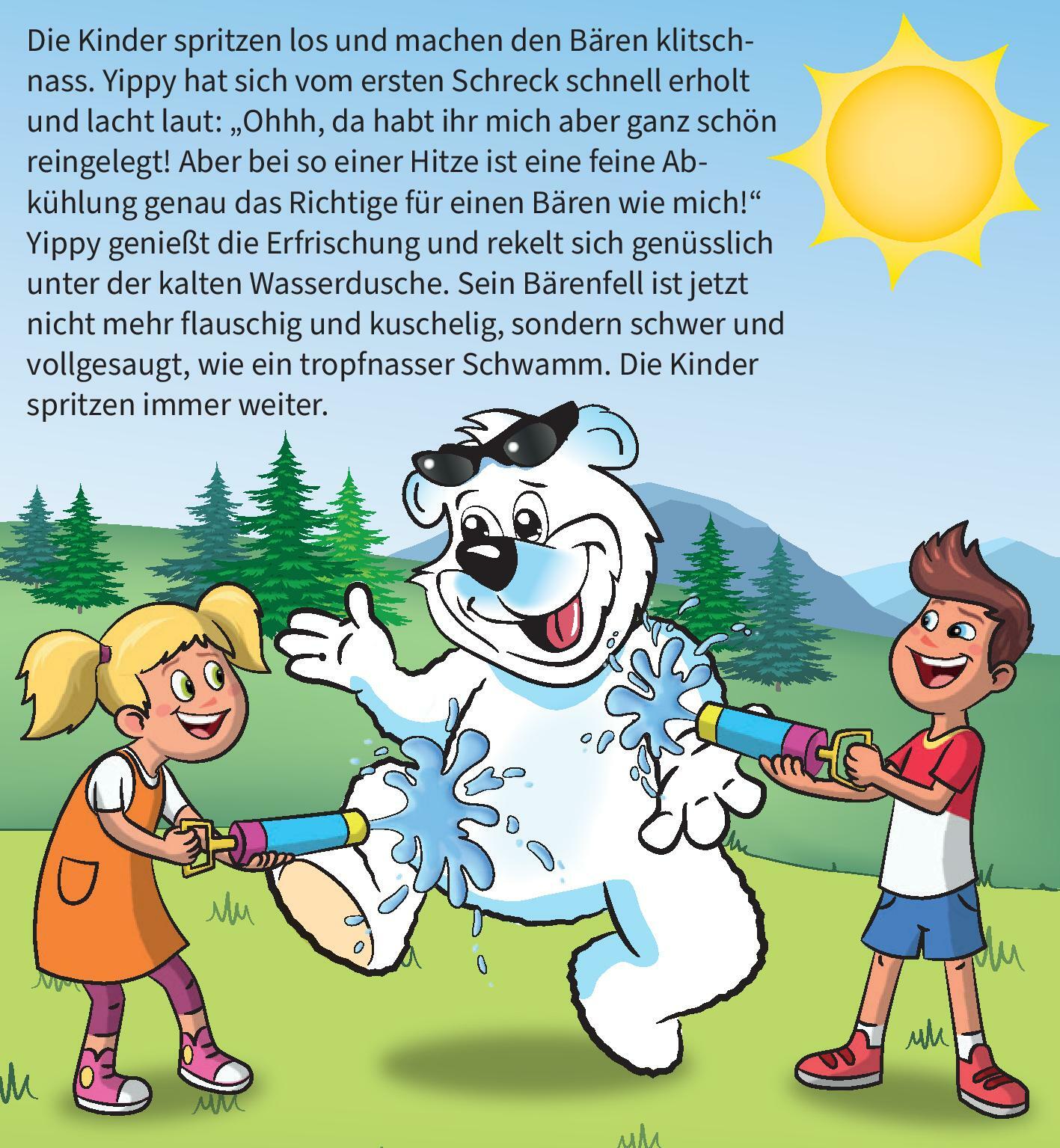 Max und Lisa spritzen mit Wasserpistolen auf ihren Freund Yippy Bär und gemeinsam lachen. Die Sonne im Hintergrund