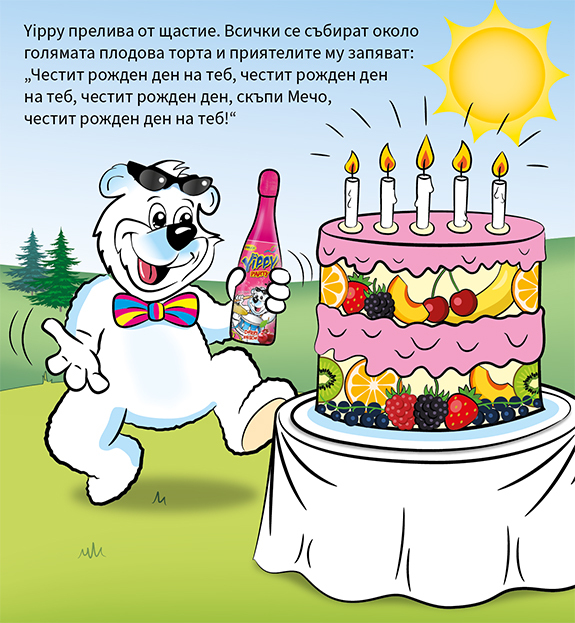 Yippy Bär feiert ihren Geburtstag mit dem Getränk in der Hand und er hat große zweistöckige Torte mit Kerzen