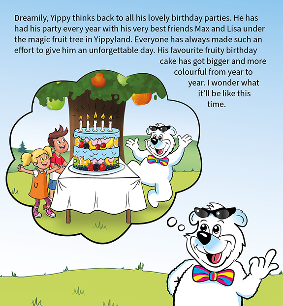 Yippy Bär denkt an frühere Geburtstagsfeiern, Torten wurden von Jahr zu Jahr größer und bunter, wie wird es dieses Jahr?