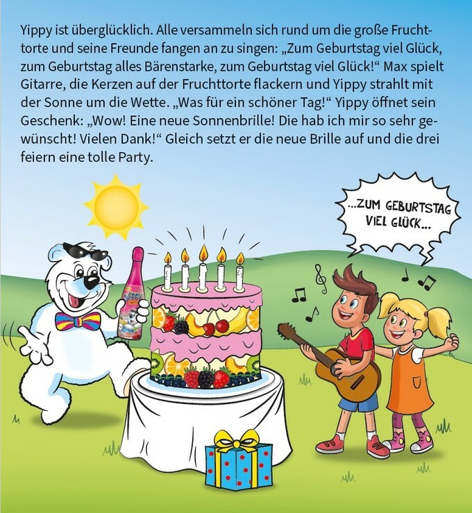 Yippy Bär feiert ihren Geburtstag mit Max und Lisa. Sie haben Gitarre, große zweistöckige Torte, Champagner ohne Alkohol