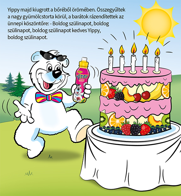 Yippy Bär feiert ihren Geburtstag mit dem Getränk in der Hand und er hat große zweistöckige Torte mit Kerzen