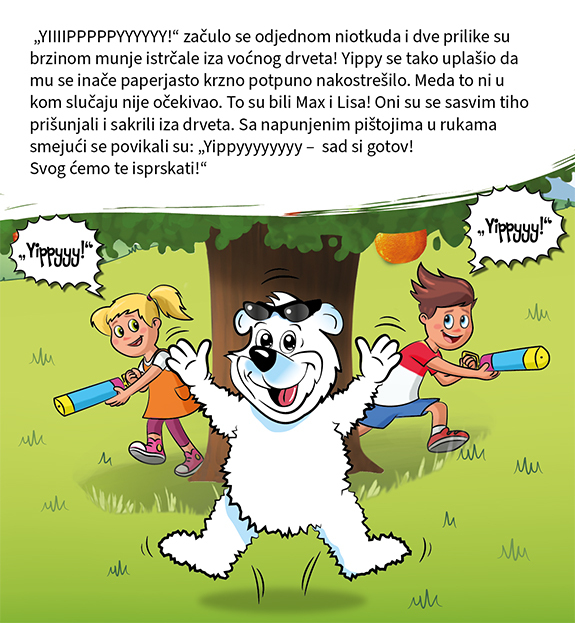 Kinder sind hinter dem Fruchtbaum verstecken, springen heraus und überraschen Yippy Bär mit Wasserpistolen. Alle lachen