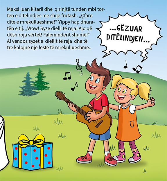 Kinder Max und Lisa haben Gitarre und singen Alles Gute zum Geburtstag