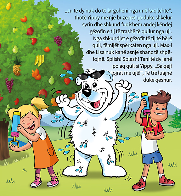 Yippy Bär schüttelt das Wasser aus seinem Fell und lacht mit seinen Freunden