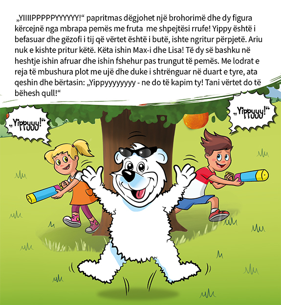 Kinder sind hinter dem Fruchtbaum verstecken, springen heraus und überraschen Yippy Bär mit Wasserpistolen. Alle lachen