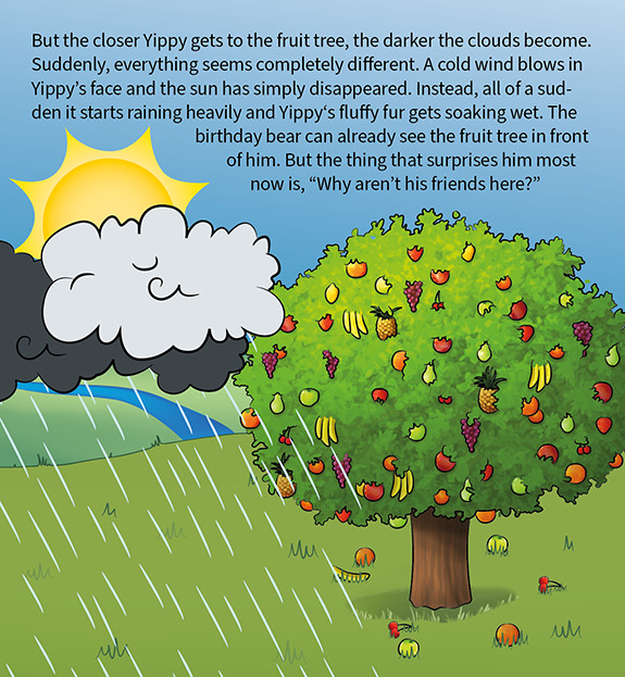 Yippy Bär kommt zum Fruchtbaum, aber es regnet, die Sonne verschwindet und vor allem kann er seine Freunde nicht sehen