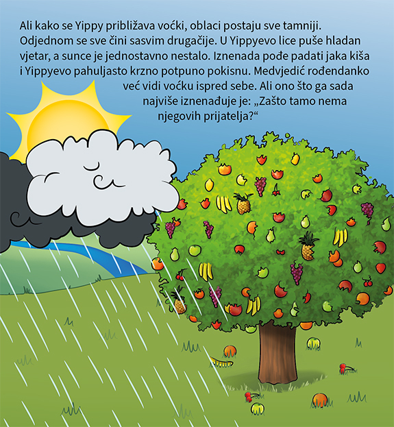 Yippy Bär kommt zum Fruchtbaum, aber es regnet, die Sonne verschwindet und vor allem kann er seine Freunde nicht sehen