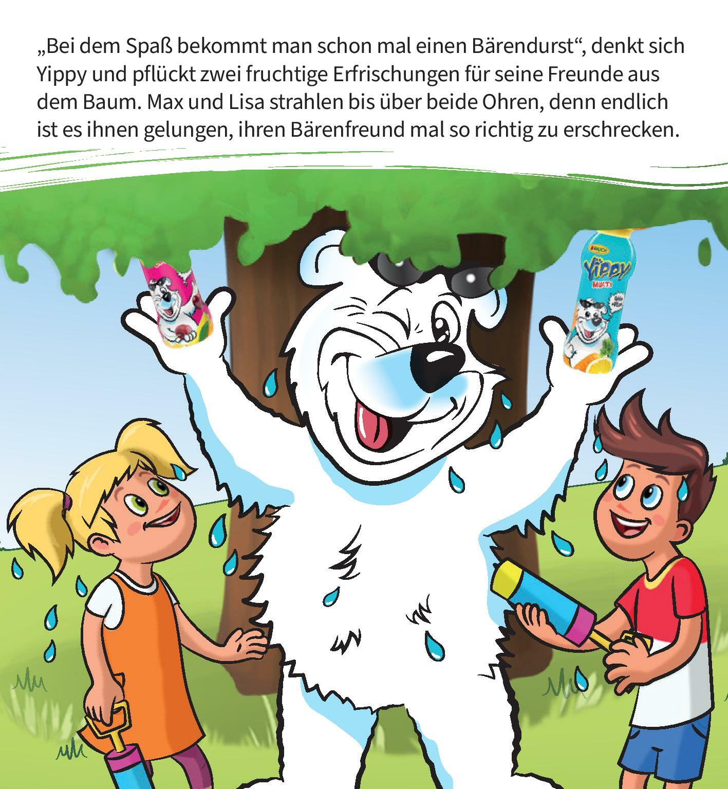 Yippy Bär nimmt aus dem Fruchtbaum zwei RAUCH Yippy Limo für seine zwei Kinder freunde Max und Lisa