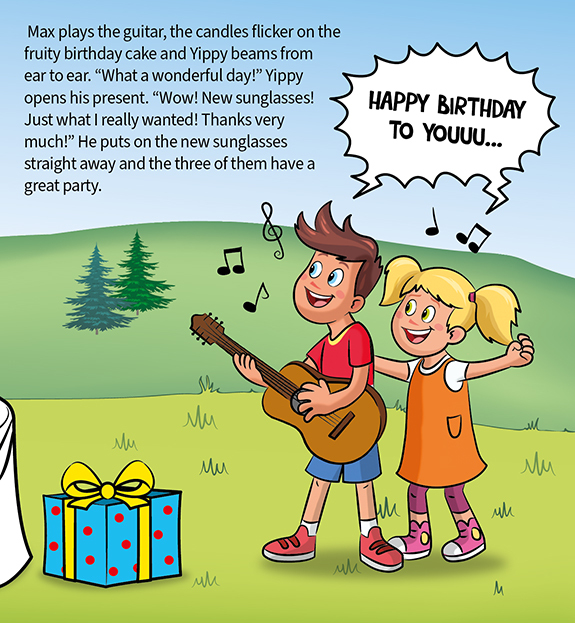 Kinder Max und Lisa haben Gitarre und singen Alles Gute zum Geburtstag