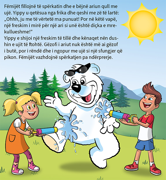 Max und Lisa spritzen mit Wasserpistolen auf ihren Freund Yippy Bär und gemeinsam lachen. Die Sonne im Hintergrund