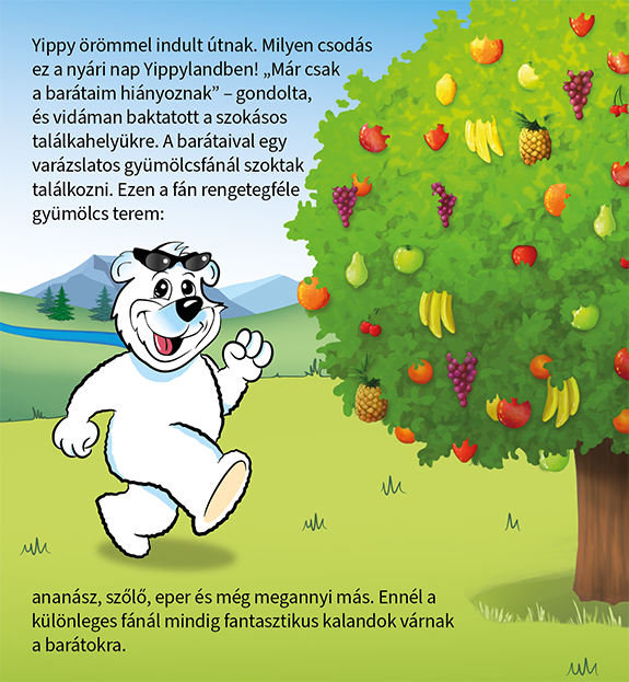 Glücklich Yippy Bär geht zu dem Fruchtbaum um seinen Freunden zum treffen