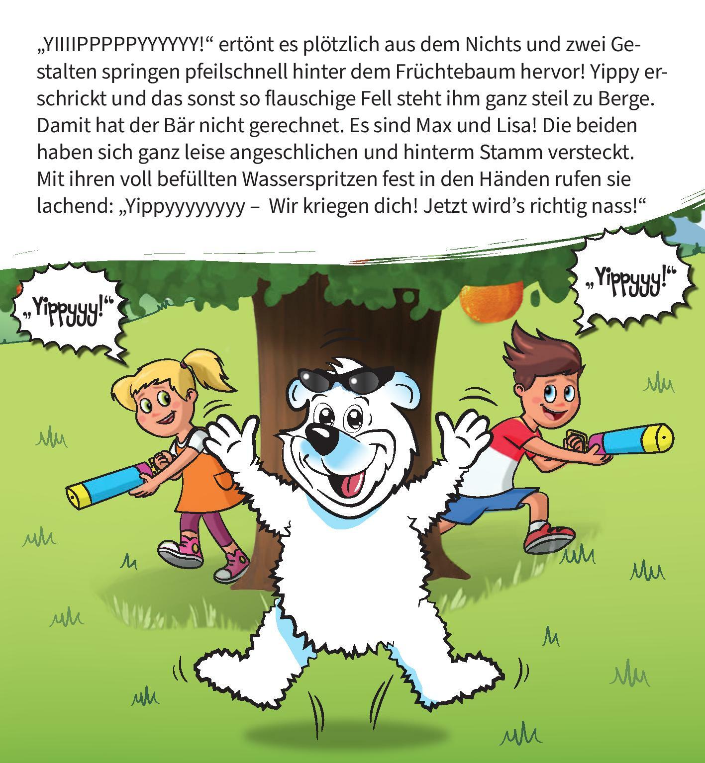 Kinder sind hinter dem Fruchtbaum verstecken, springen heraus und überraschen Yippy Bär mit Wasserpistolen. Alle lachen