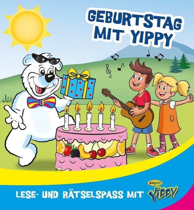 Geburtstag mit Yippy, Kinder mit einer Gitarre und Yippy Bär mit einem Geschenk in der Hand, mit großen Fruchtkuche