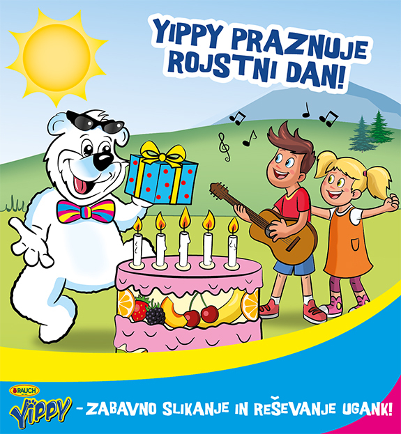 Geburtstag mit Yippy, Kinder mit einer Gitarre und Yippy Bär mit einem Geschenk in der Hand, mit großen Fruchtkuche